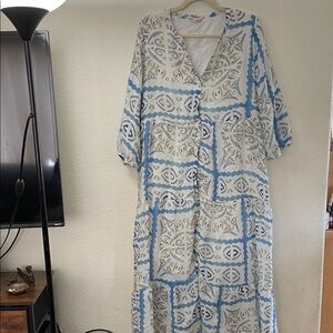 ESQUALO Blue and White Greek tiered Maxi Dress coast beach resort XL 22.5x48